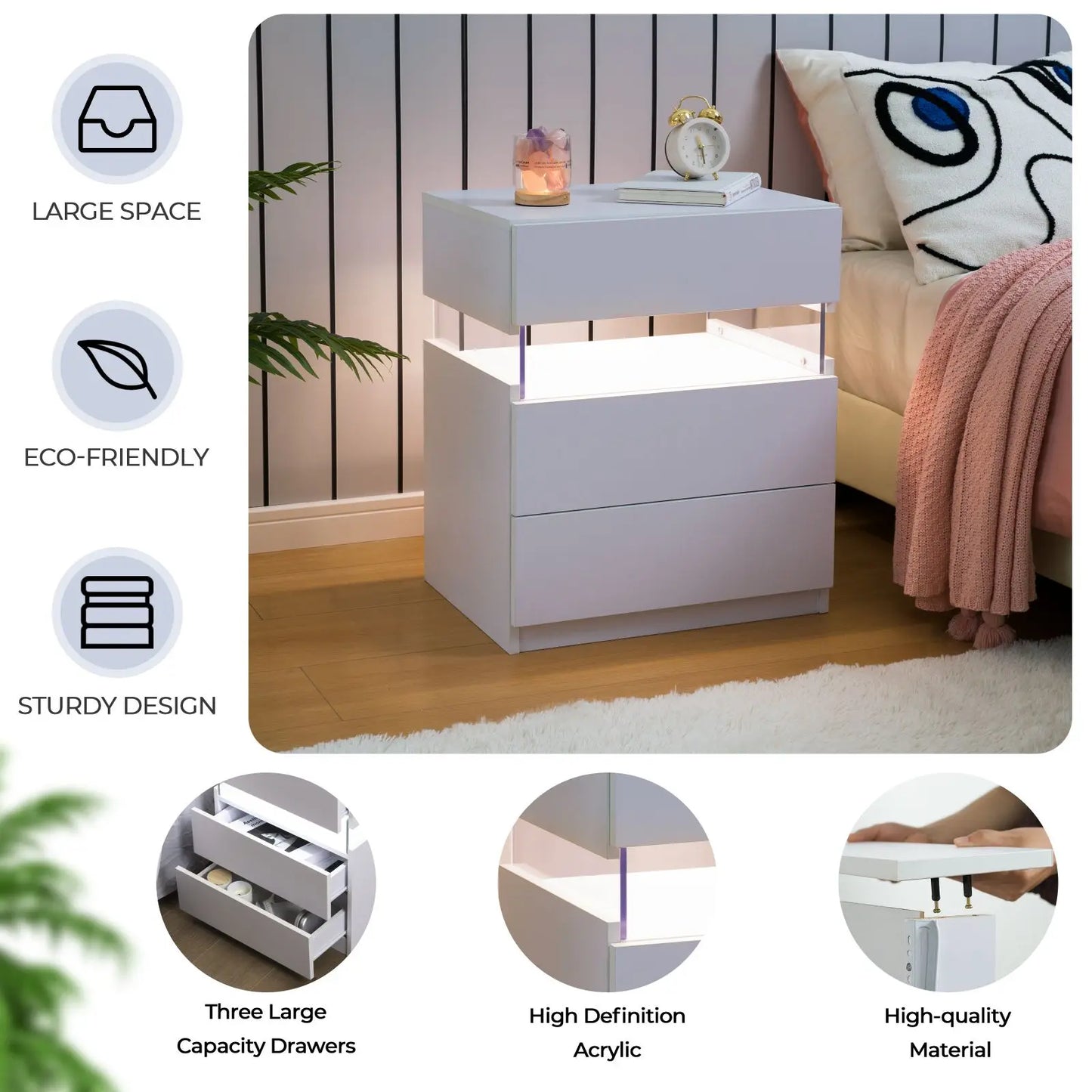 Cubehom LED Bedside Tables Set With 3 Drawers Two Nightstands