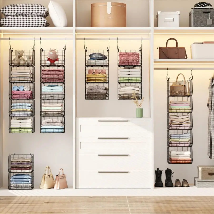 5 Tier Closet Hanging Organizer, Clothes Hanging Shelves with 4 Hanging Hooks 5 S Hooks, Wire Storage Basket Bins, for Clothing