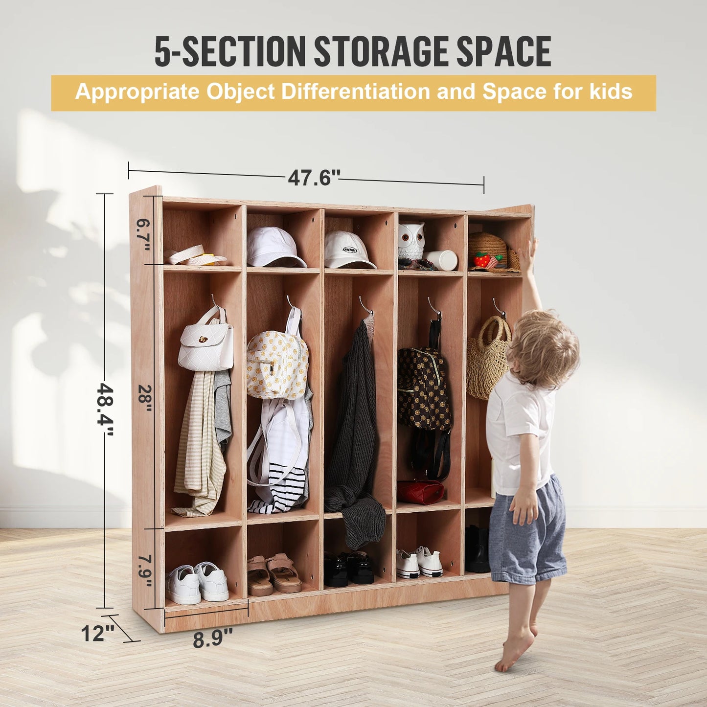 HiMISS Five Section Wooden Kids Storage Locker With Hooks Bins