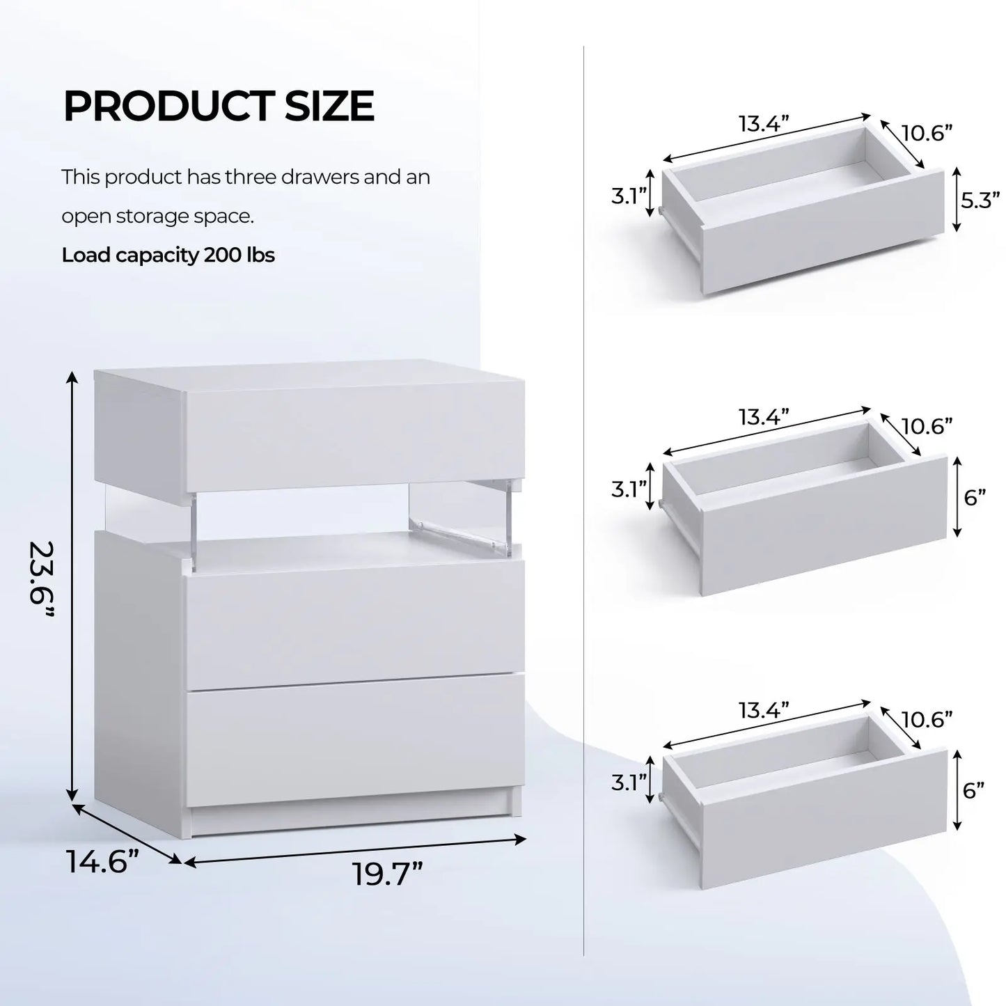 Cubehom LED Bedside Tables Set With 3 Drawers Two Nightstands