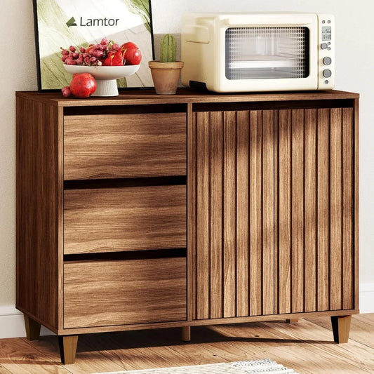 ANGDUO Sideboard Buffet Cabinet With Drawers Fluted Walnut Accent