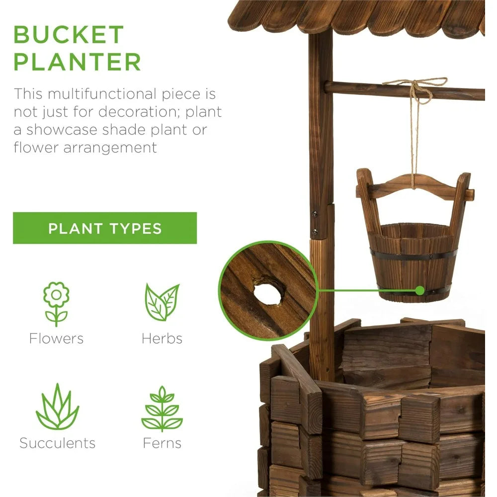 Rustic Wooden Wishing Well Planter Outdoor Home Décor for Patio, Garden, Yard w/Hanging Bucket