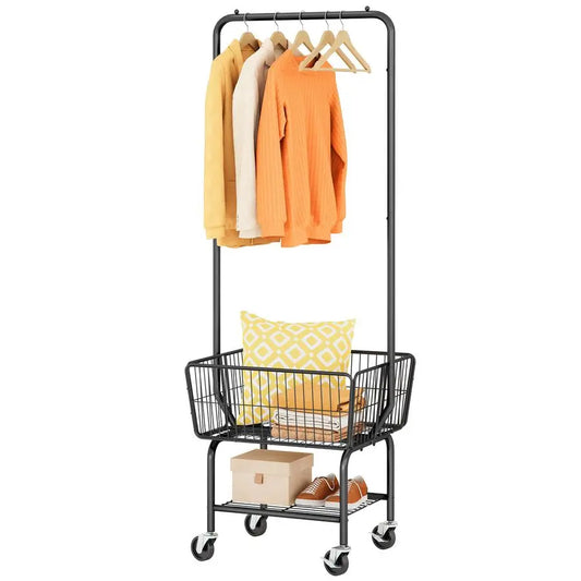 Laundry Cart with Hanging Rack, Metal Laundry Basket with Wheels, Laundry Hamper with Storage Basket and Shelf, Rolling Laundry
