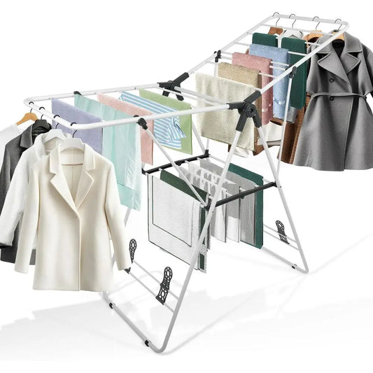 Foldable Metal Laundry Drying Rack with Height-Adjustable Wings, Space Saving, Indoor Outdoor Use, White Free-Standing Airer