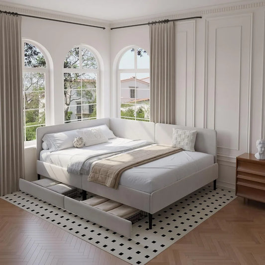 ZHUOTING L Shape Corner Bed Frame With Two Storage Drawers