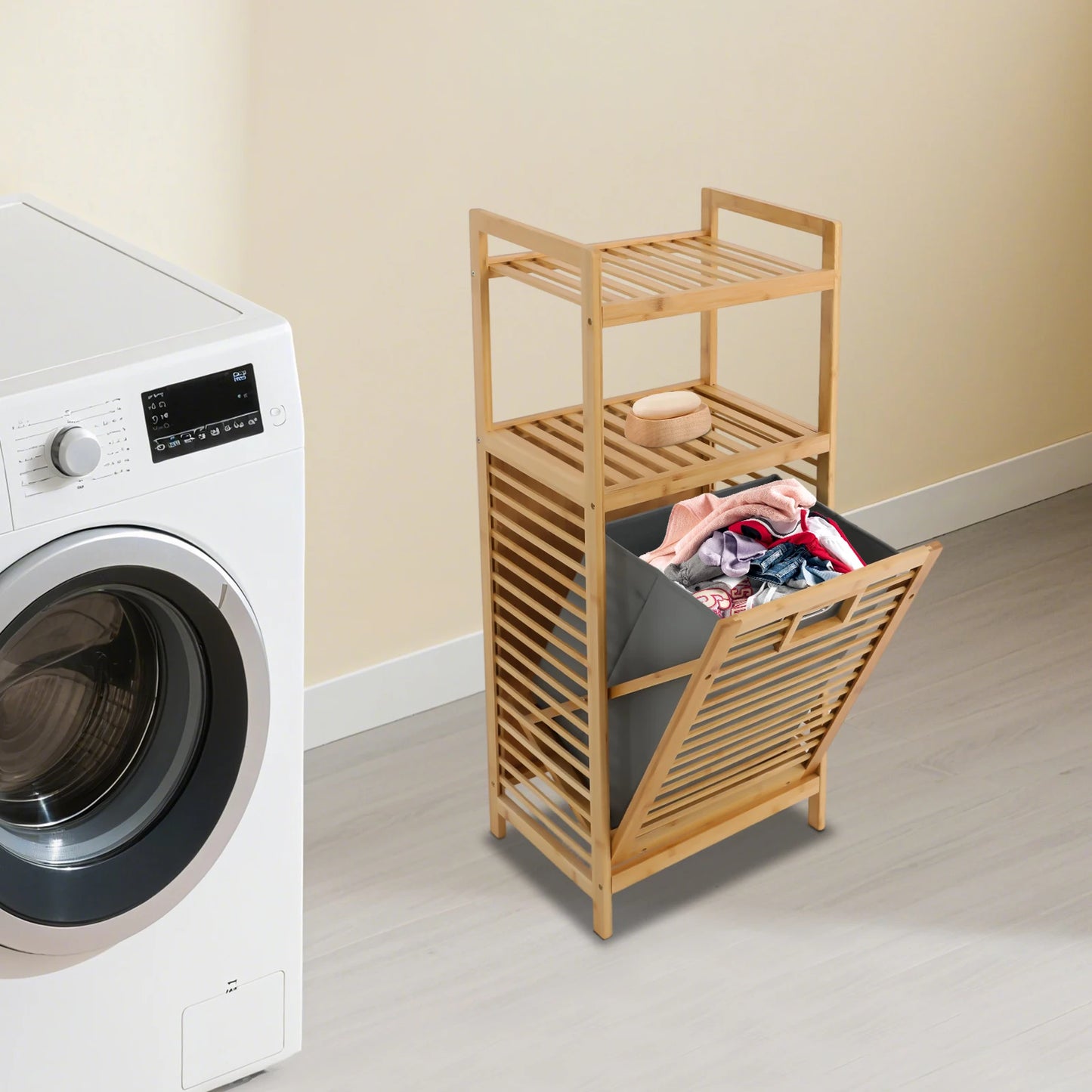 Gray Bamboo 40*30*95cm Dumper Dirty Laundry Basket with Double Storage Rack and Detachable Non-woven Bucket