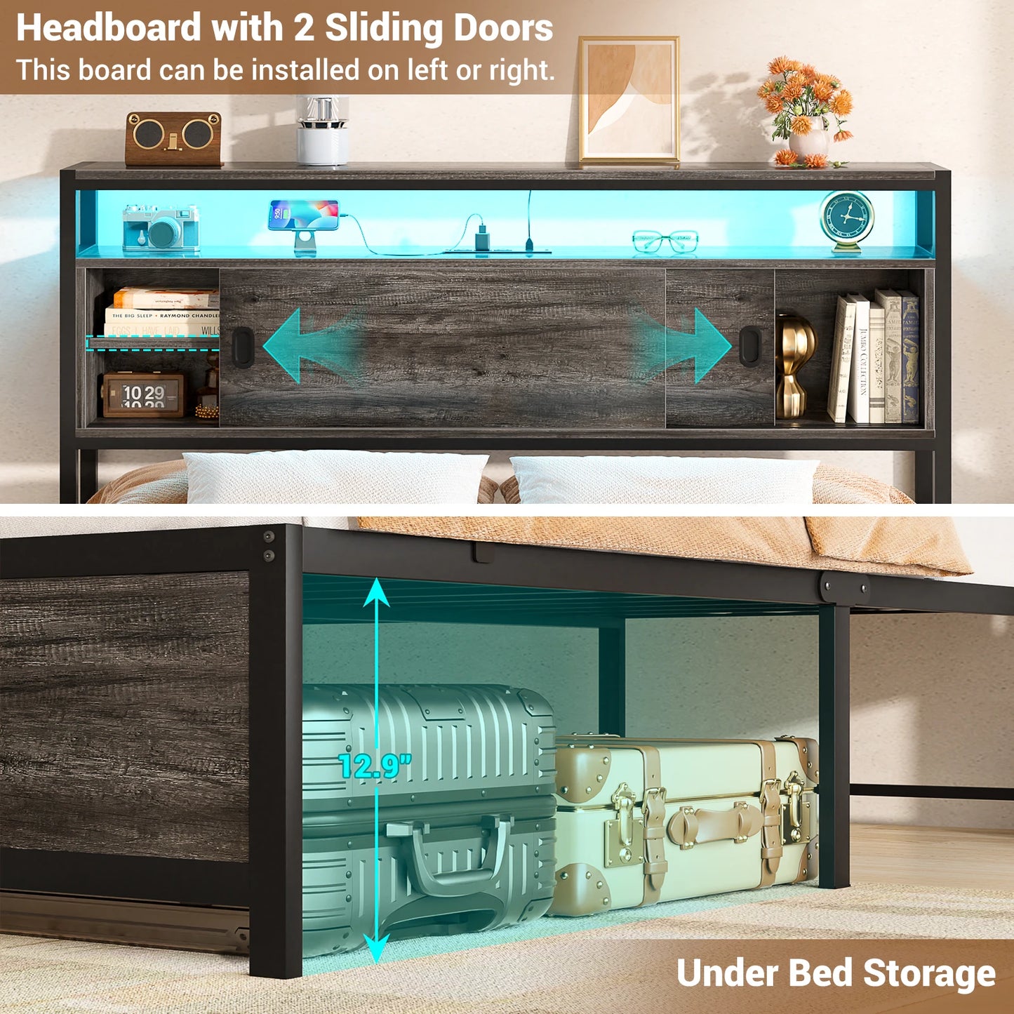 Aheaplus Bed Frame With Storage Headboard Sliding Doors USB LED