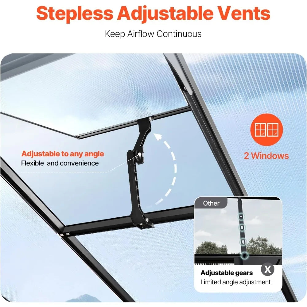 polycarbonate greenhouse, 8 x 14 ft, outdoor greenhouse with 2 vent windows, pavilion styled greenhouse with hinged door, alumi