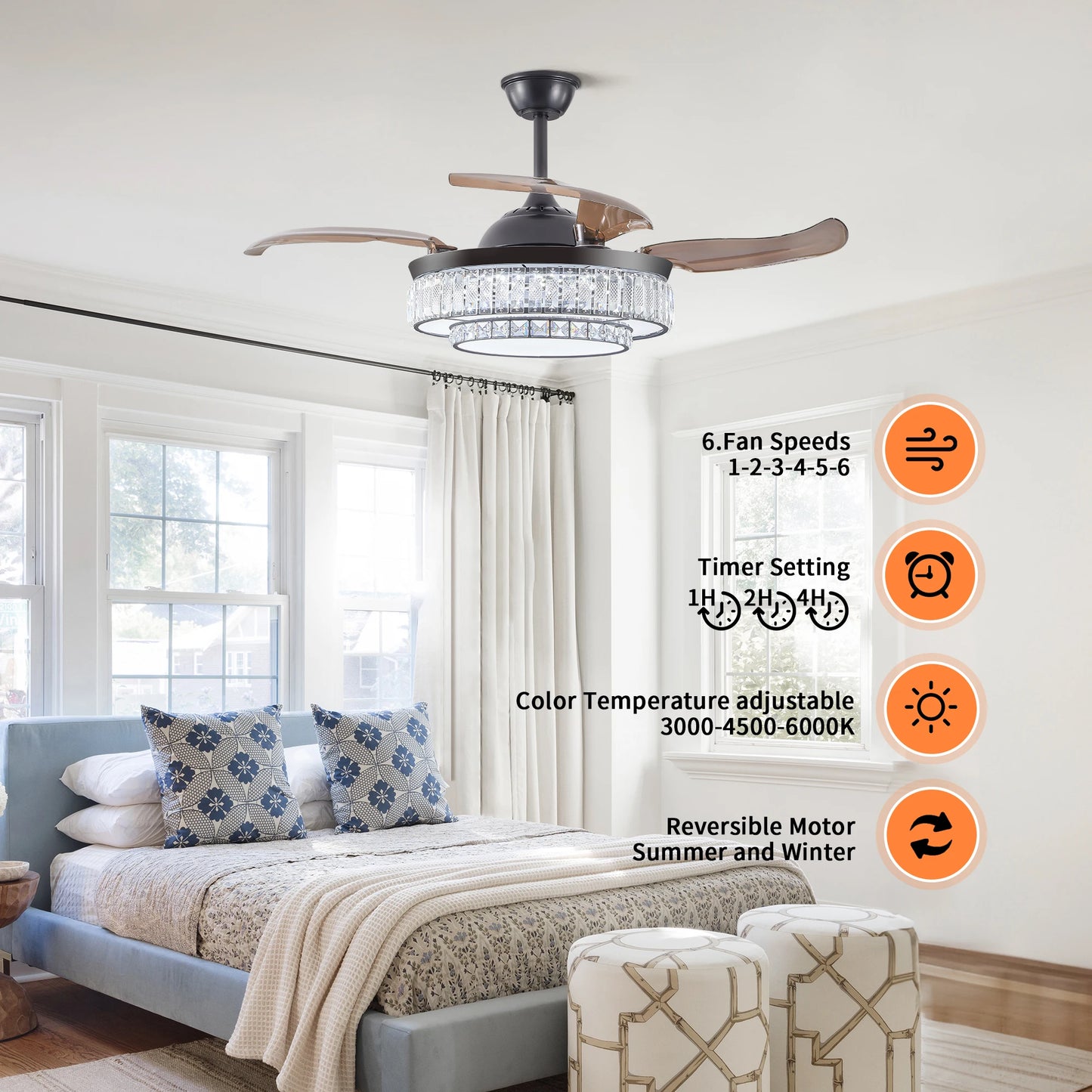 ARLGSITE Crystal Ceiling Fan Light With Remote Control And Timer
