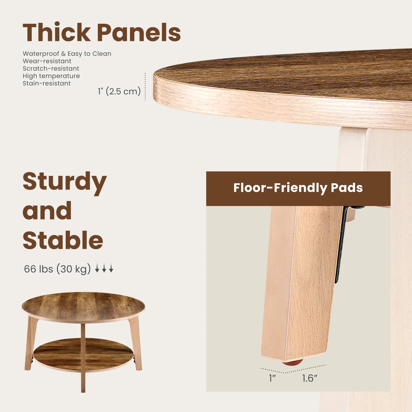 JHK Wood Round Coffee Table With Storage TwoTier Modern Design