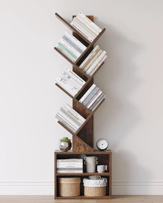 Six Tier Tree Bookshelf With Storage Cabinet Modern Floor Standing Bookcase