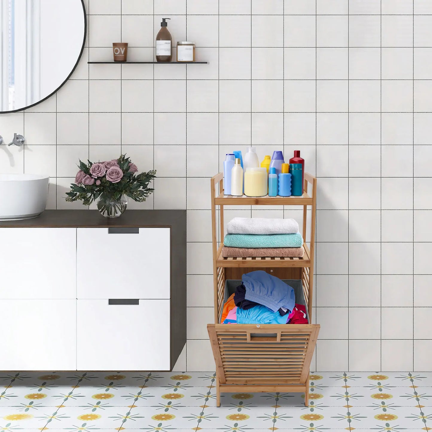 Gray Bamboo 40*30*95cm Dumper Dirty Laundry Basket with Double Storage Rack and Detachable Non-woven Bucket