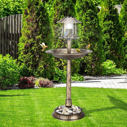 Plastic Round Bird Bath With Solar Light And Sturdy Base Outdoor Garden