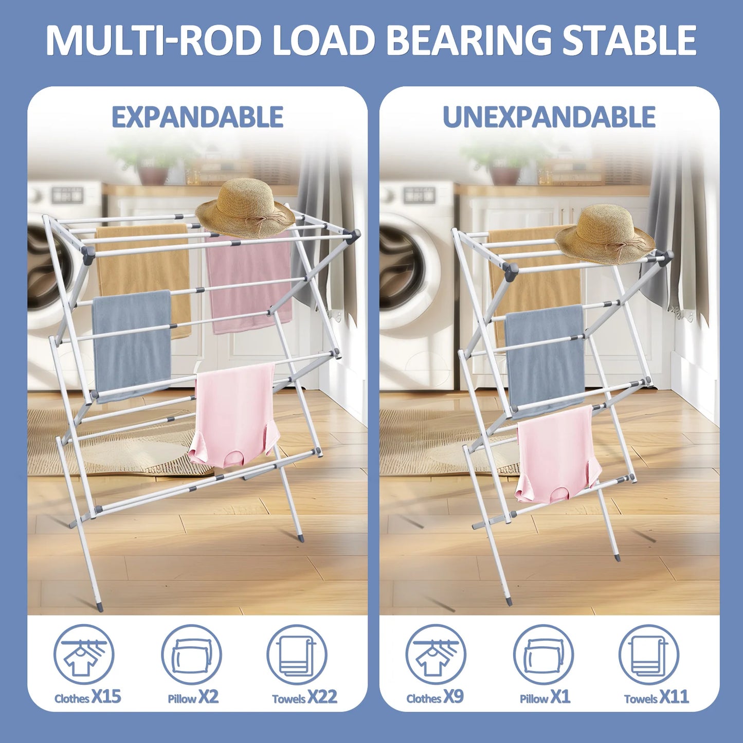 Folding Drying Rack Floor Metal Clothes Hanger Telescopic Multi-layer Adjustable Household for Home Camping Travel Outdoor