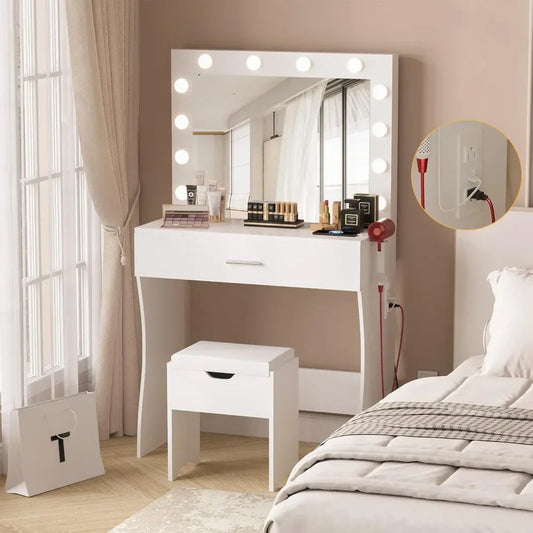 Guangbai Makeup Vanity Table Set With Lighted Mirror Charging Station