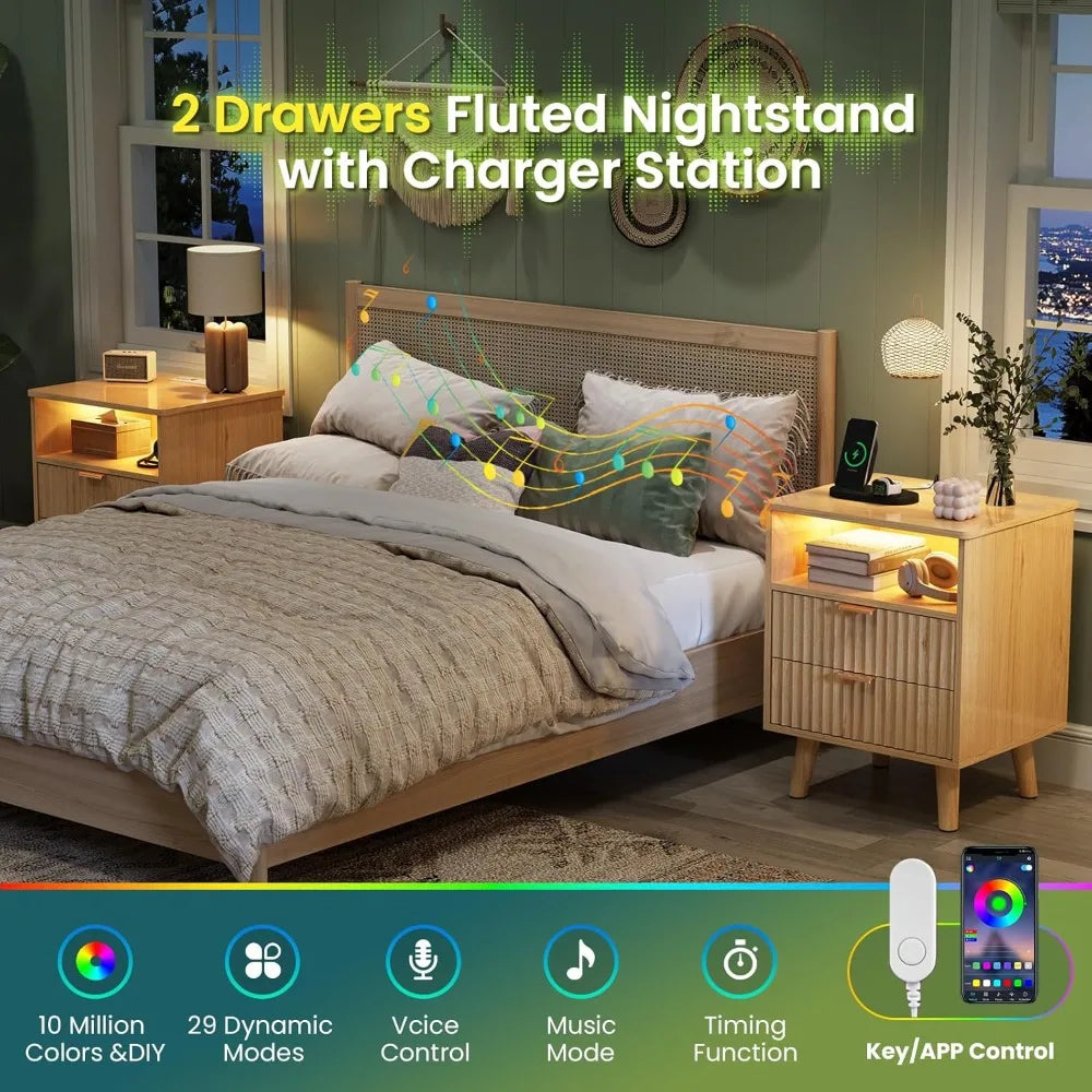 Chengwei Fluted Nightstand Set Of 2 With Charging Station