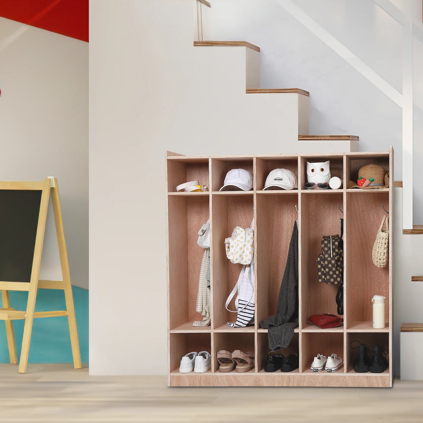 HiMISS Five Section Wooden Kids Storage Locker With Hooks Bins