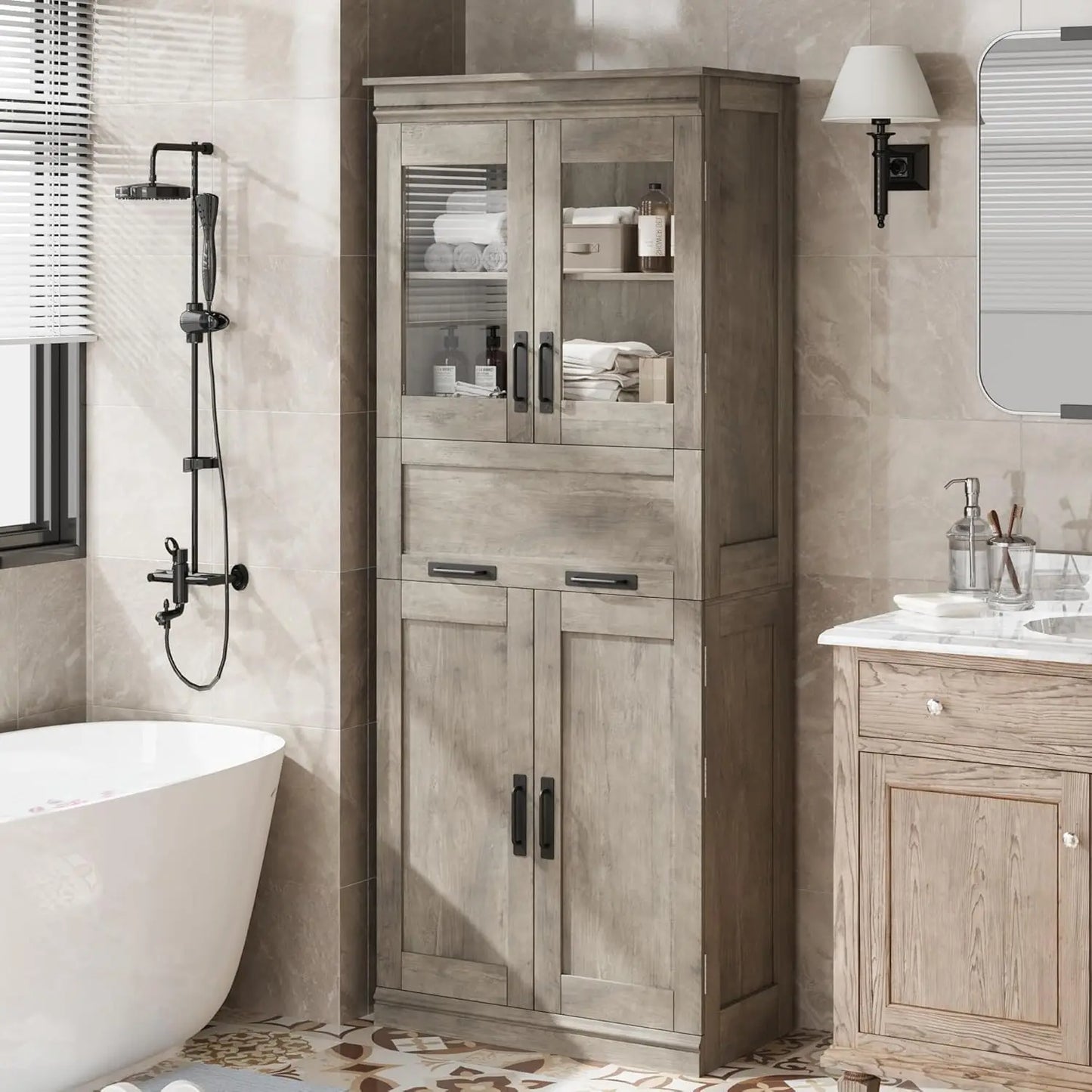 Freestanding Bathroom Cabinet With Glass Doors And Drawers