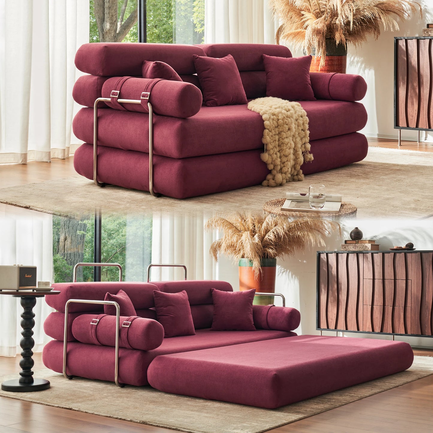 Convertible Sleeper Sofa Floor Folding Bed With Rounded Arm Supports