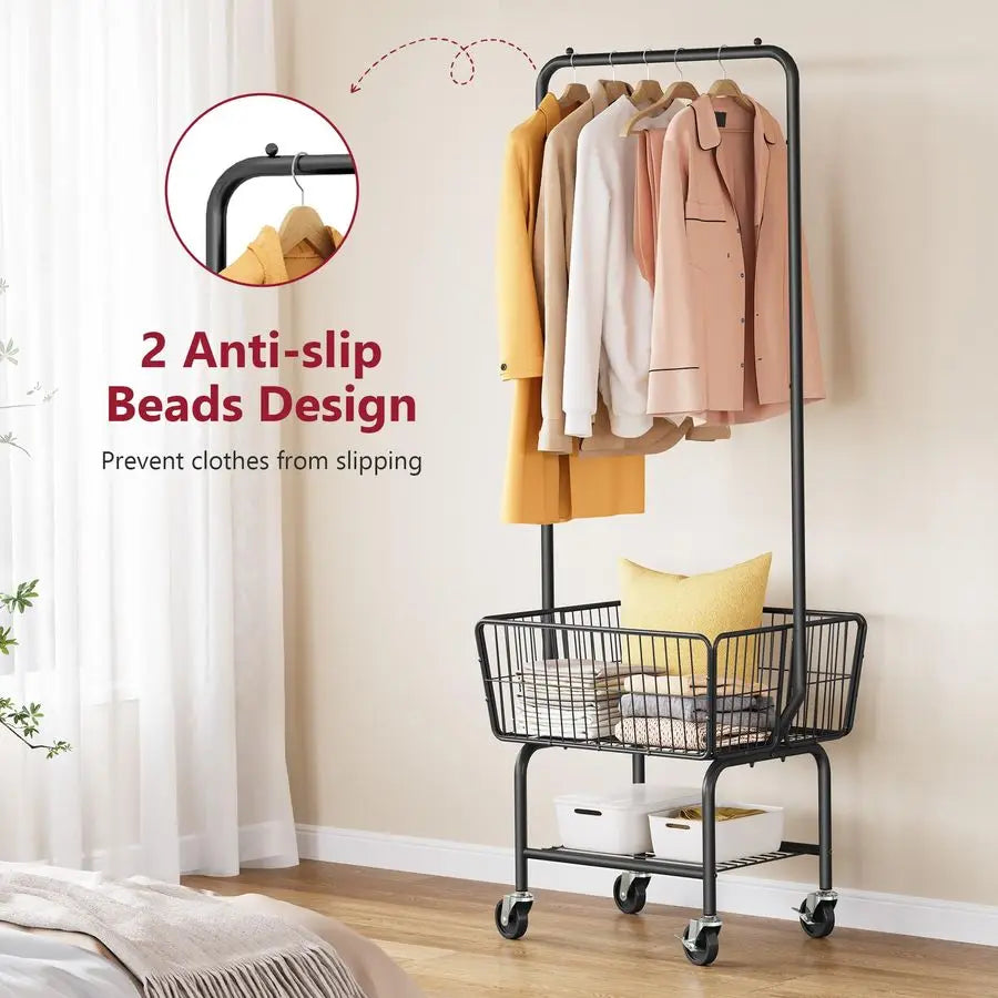 Laundry Cart with Hanging Rack, Metal Laundry Basket with Wheels, Laundry Hamper with Storage Basket and Shelf, Rolling Laundry