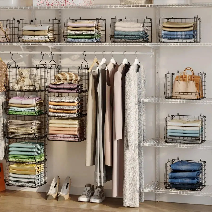 5 Tier Closet Hanging Organizer, Clothes Hanging Shelves with 4 Hanging Hooks 5 S Hooks, Wire Storage Basket Bins, for Clothing