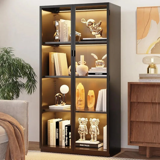 Display Cabinet With Glass Doors And Led Lights Curio Cabinet