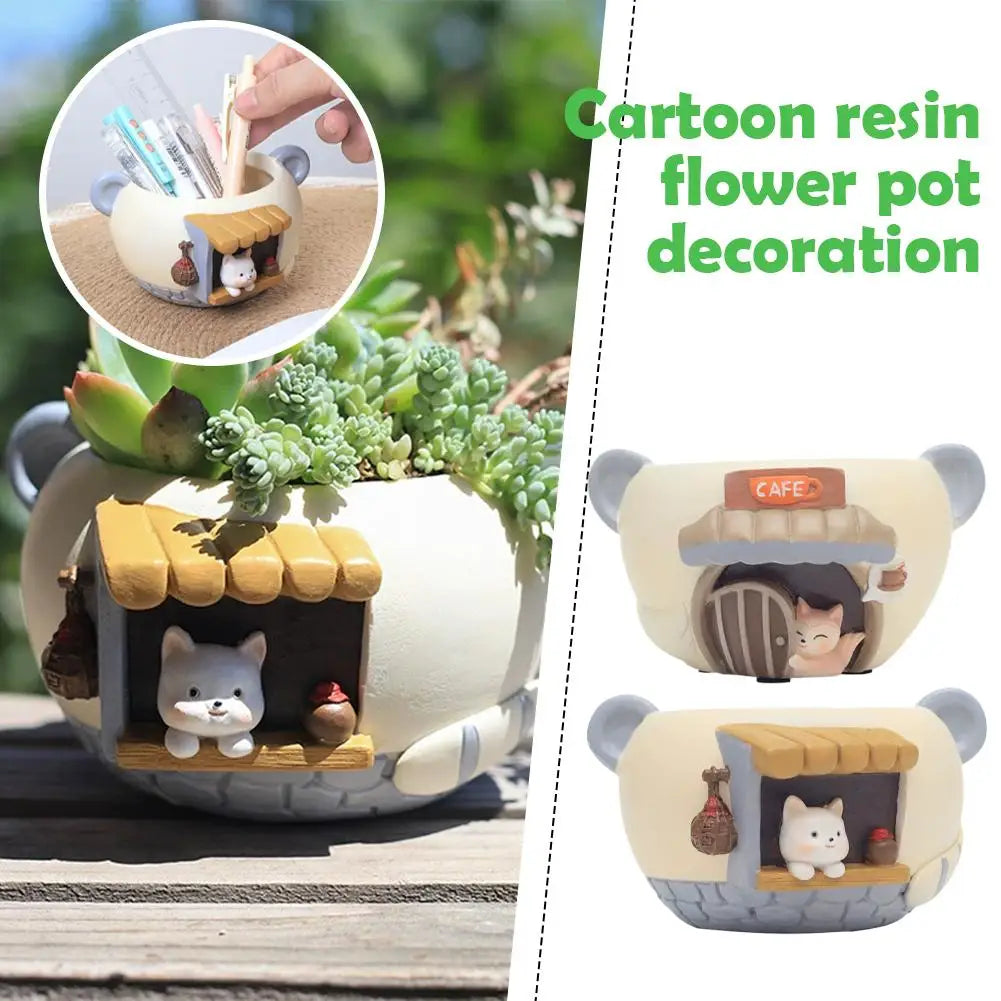 Cute Kitty Fox Resin Succulent Plant Pot For Desk Decor