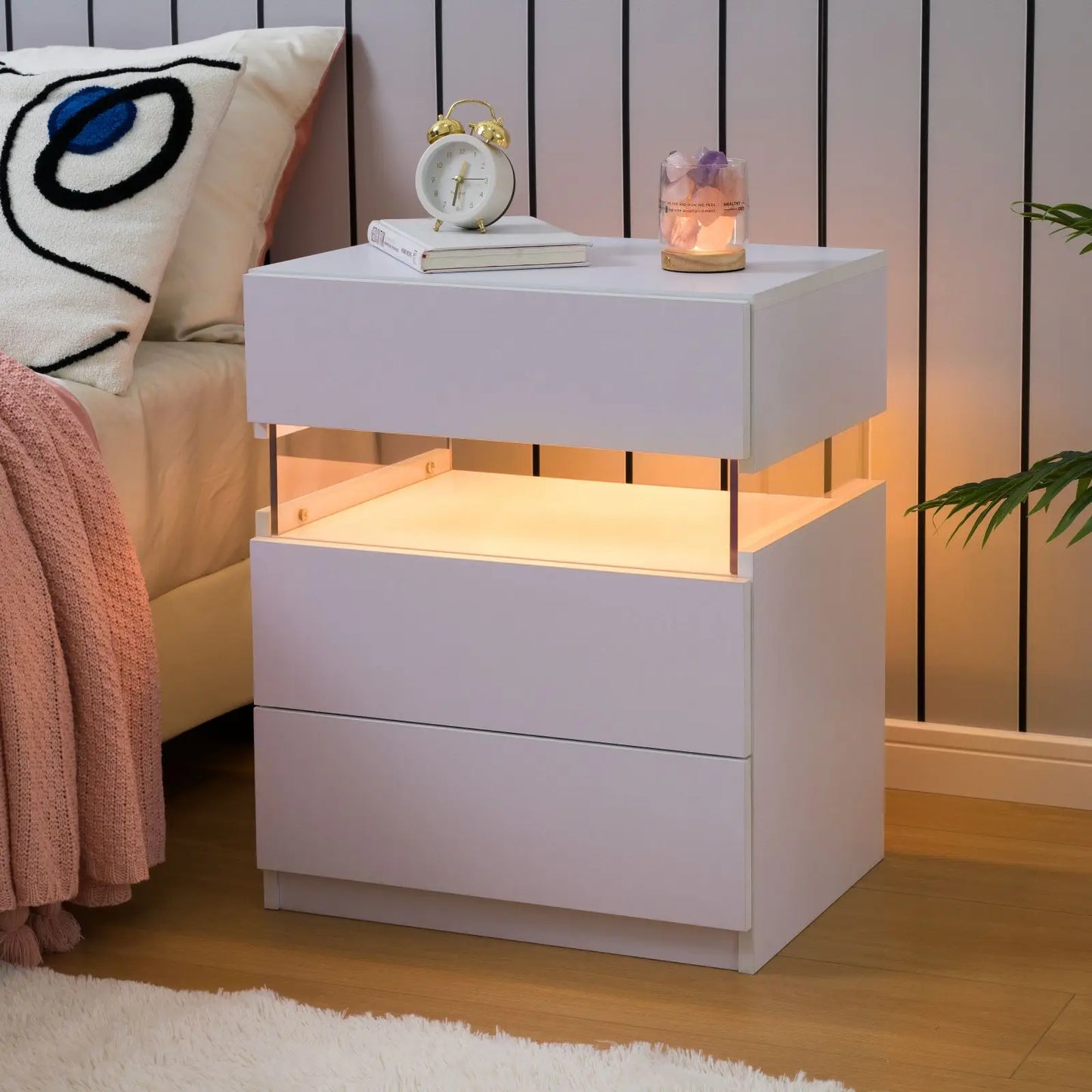 Cubehom LED Bedside Tables Set With 3 Drawers Two Nightstands