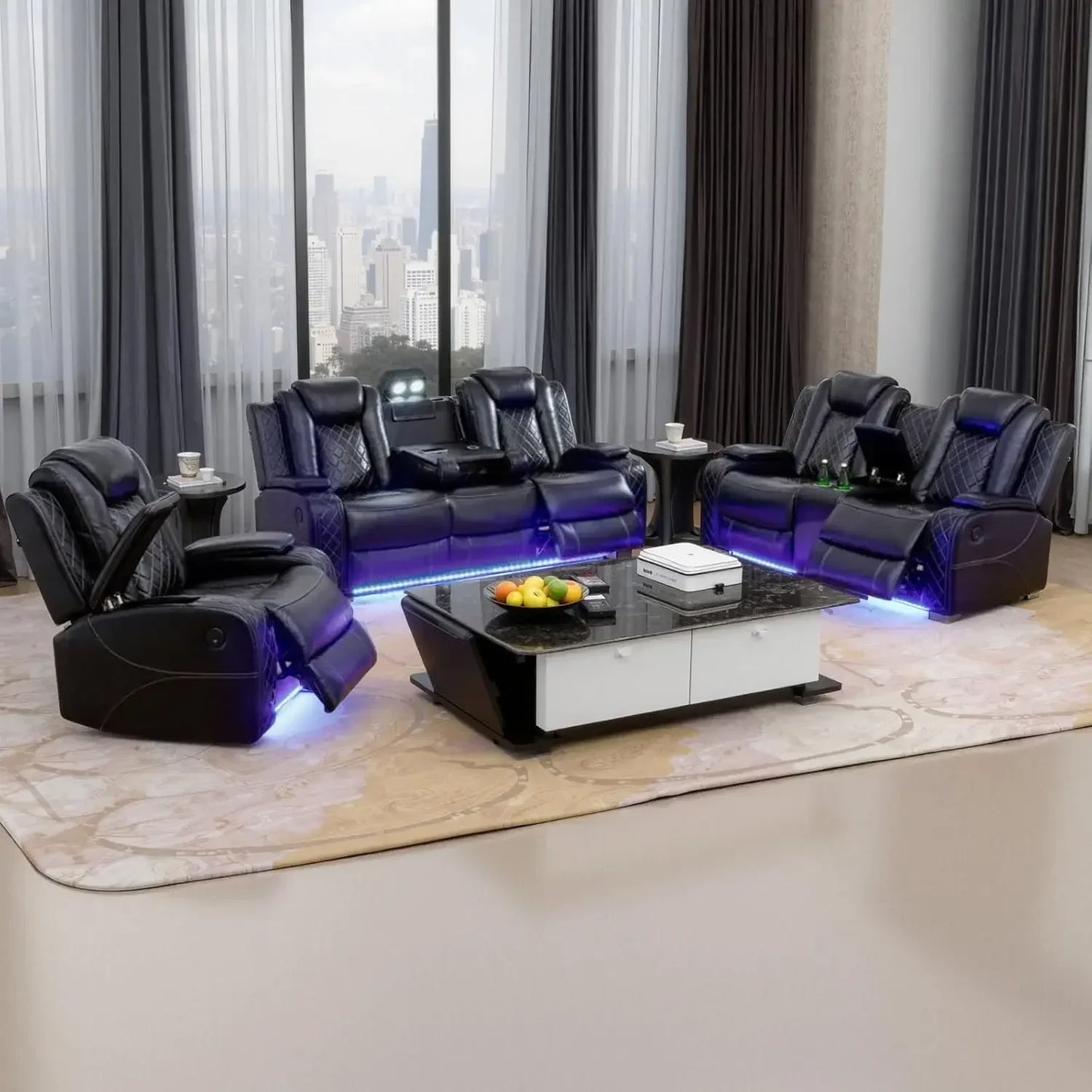 Electric Recliner Living Room Set LED Light And Wireless Charging