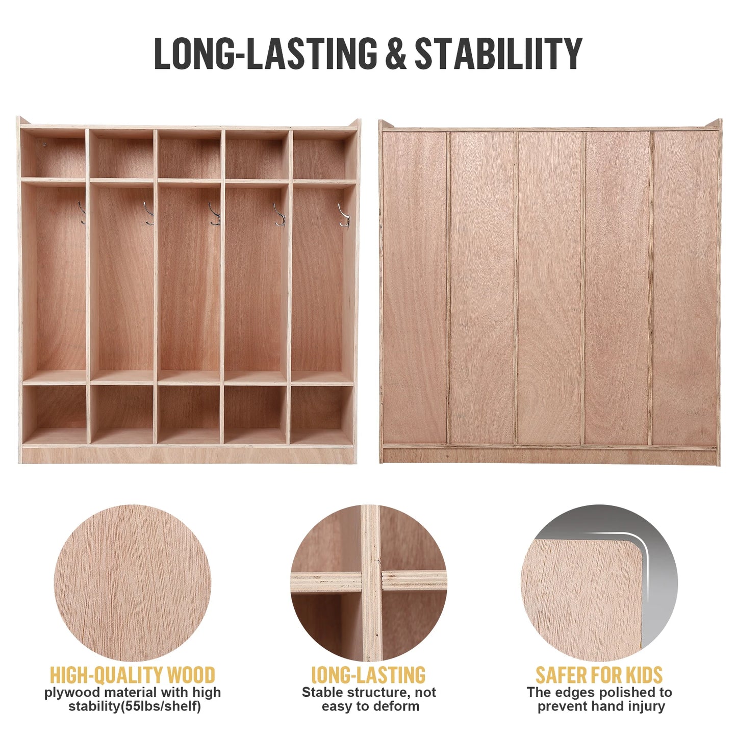 HiMISS Five Section Wooden Kids Storage Locker With Hooks Bins