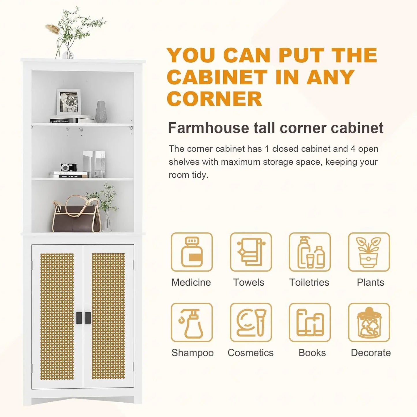 HiMISS Rattan Freestanding Corner Cabinet With 2 Doors Adjustable Shelves