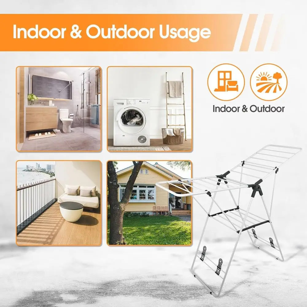 Foldable Metal Laundry Drying Rack with Height-Adjustable Wings, Space Saving, Indoor Outdoor Use, White Free-Standing Airer