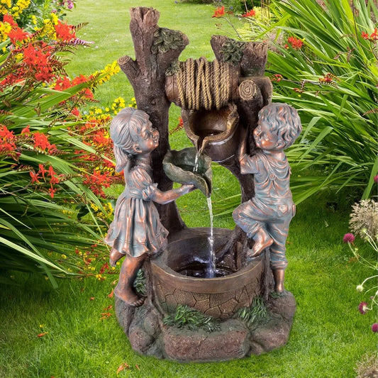 DAFIFY Outdoor Boy And Girl Fountain With Cascading LED Water Feature