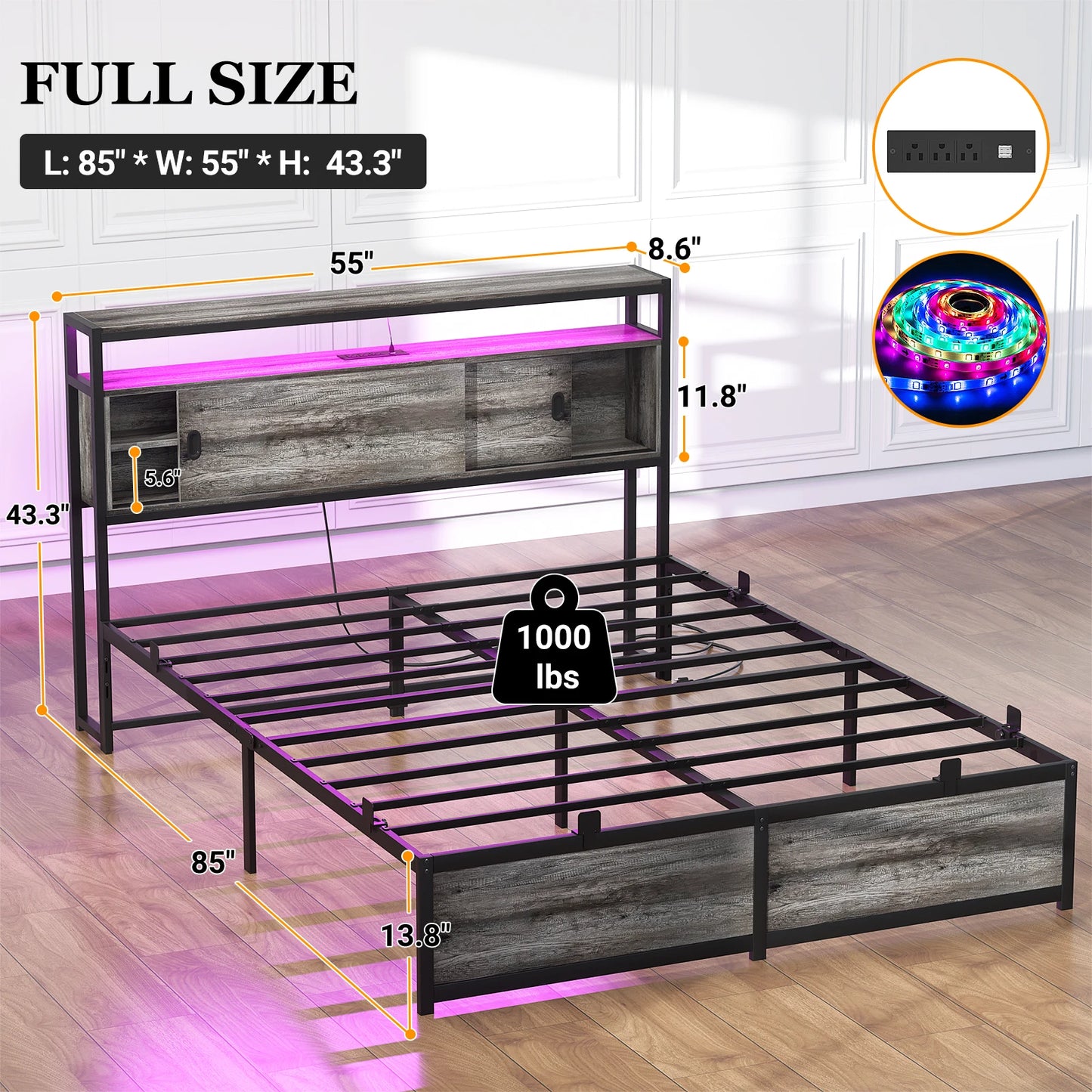 Aheaplus Bed Frame With Storage Headboard Sliding Doors USB LED