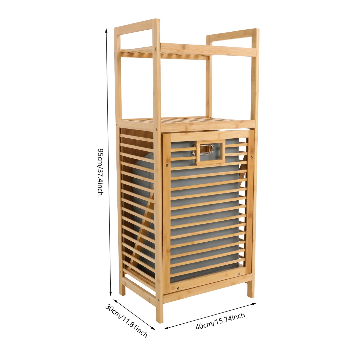 Gray Bamboo 40*30*95cm Dumper Dirty Laundry Basket with Double Storage Rack and Detachable Non-woven Bucket