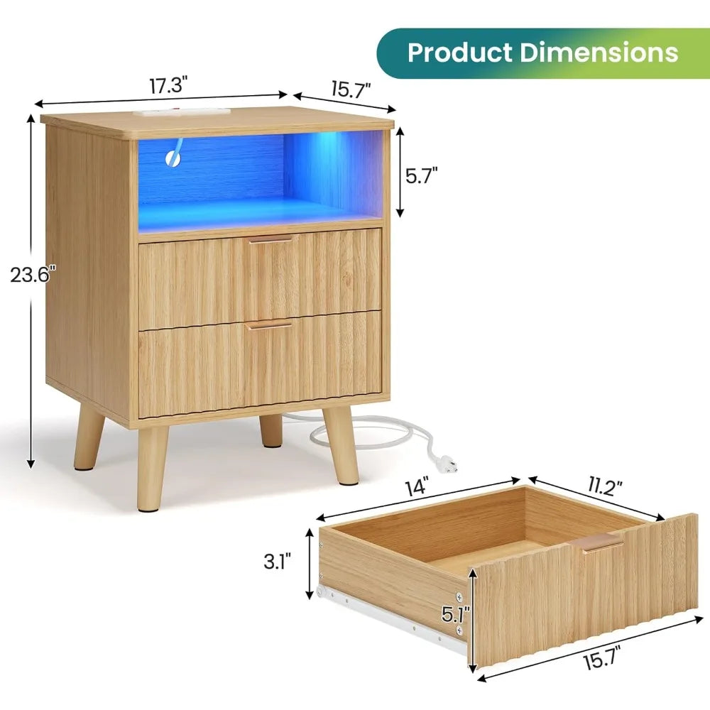 Chengwei Fluted Nightstand Set Of 2 With Charging Station