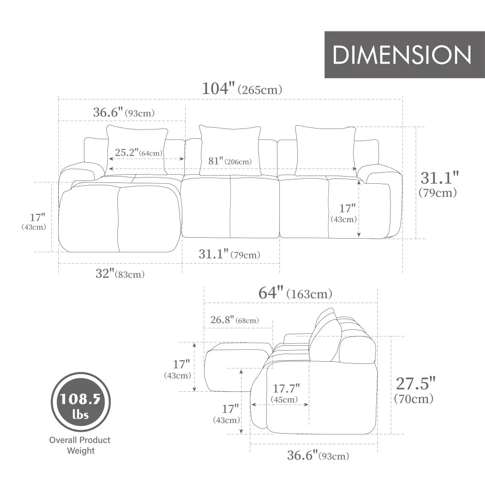 YeC L Shaped Upholstered Modular Sectional Sofa Set Cloud Tufting
