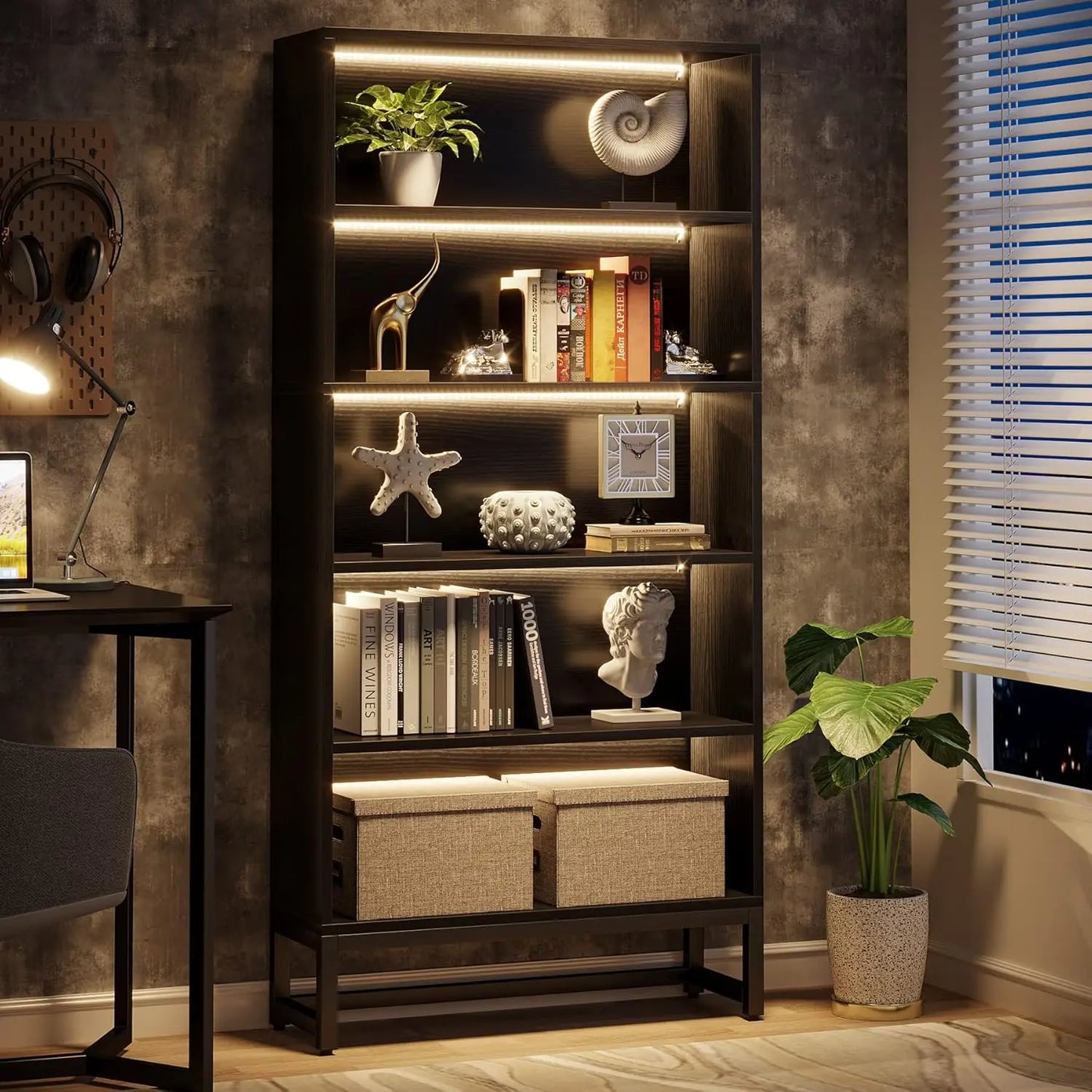 Modern Wood Bookshelf With Built In LED Lights Free Standing