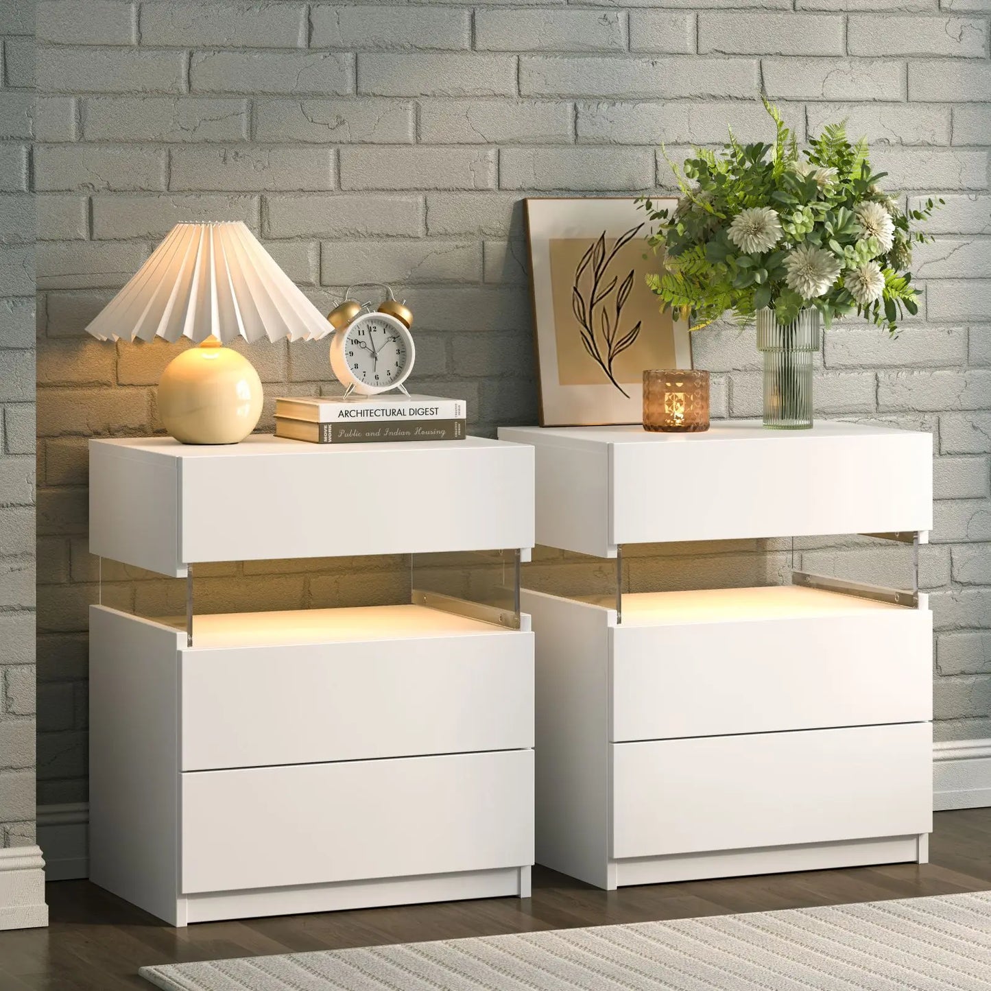 Cubehom LED Bedside Tables Set With 3 Drawers Two Nightstands