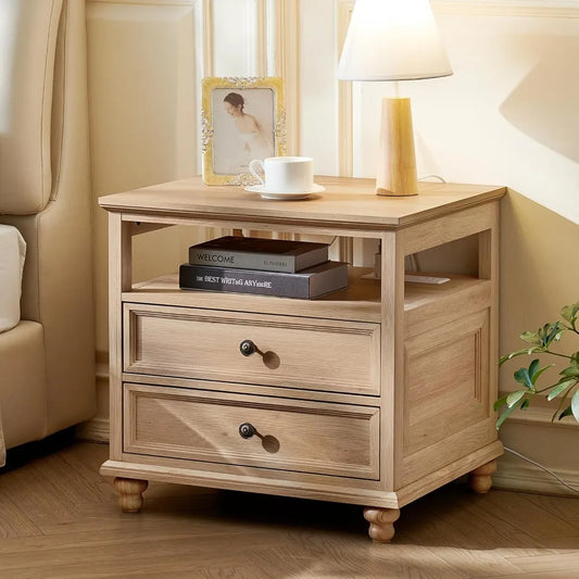 Farmhouse Nightstand With Charging Station And Two Drawers