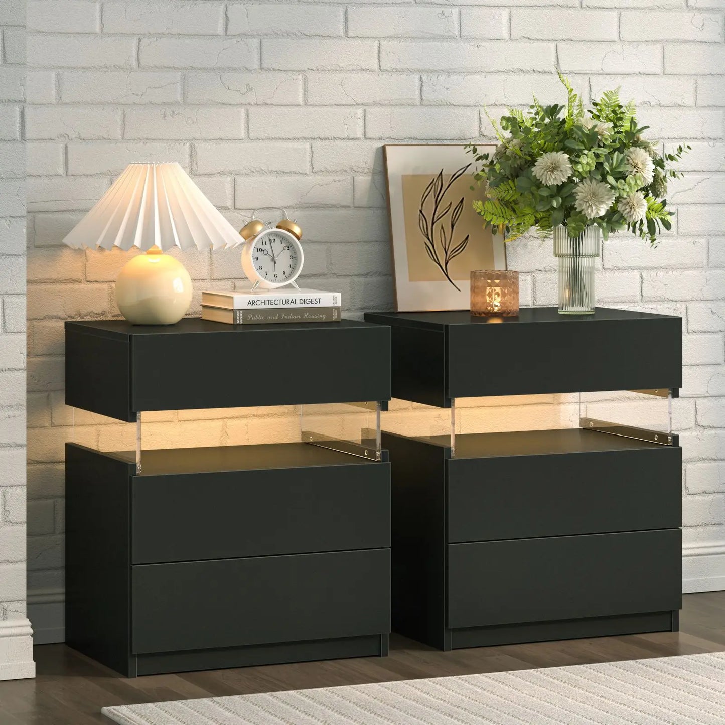 Cubehom LED Bedside Tables Set With 3 Drawers Two Nightstands