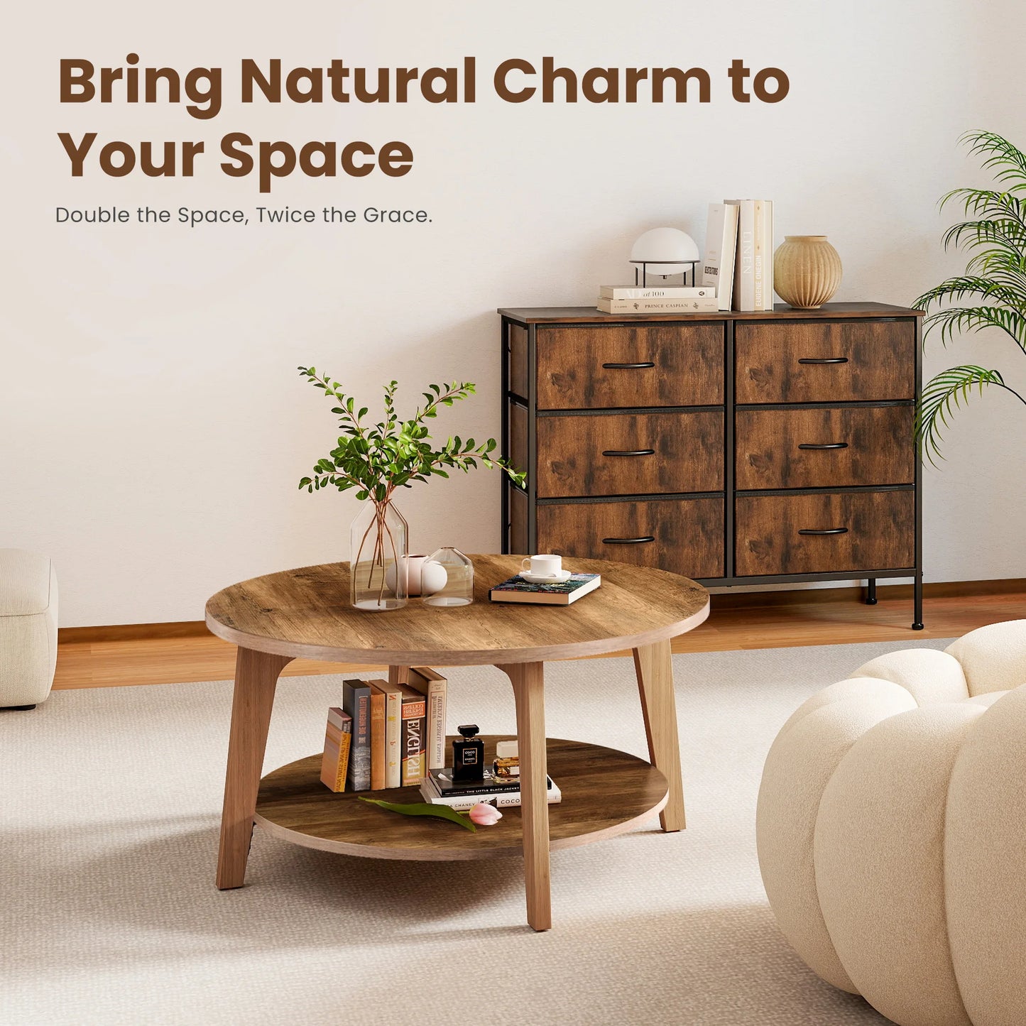 JHK Wood Round Coffee Table With Storage TwoTier Modern Design