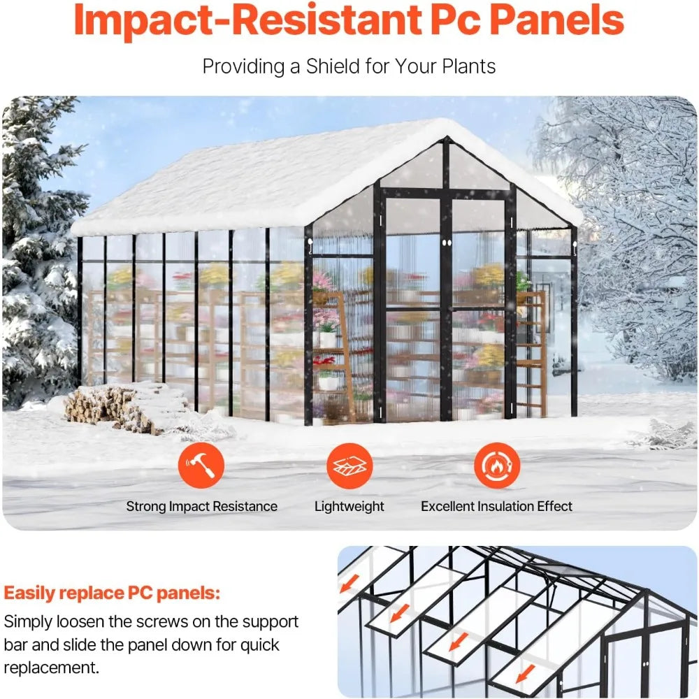 polycarbonate greenhouse, 8 x 14 ft, outdoor greenhouse with 2 vent windows, pavilion styled greenhouse with hinged door, alumi