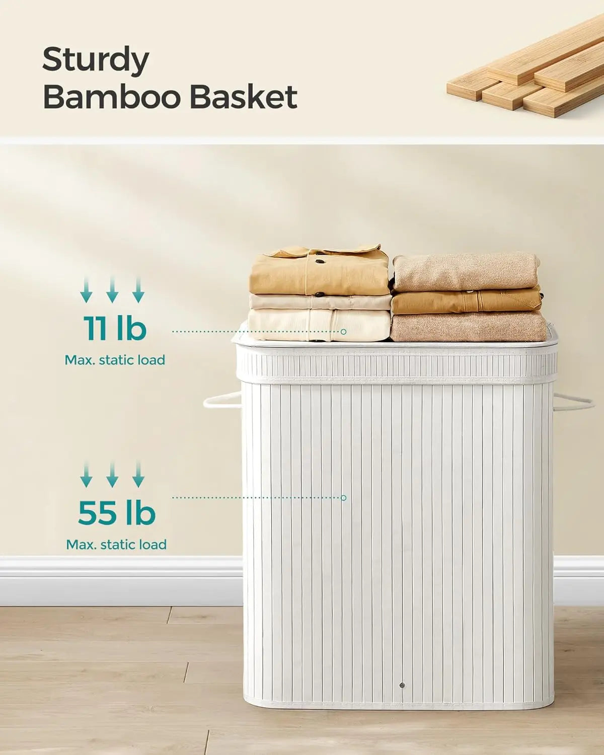 Foldable Bamboo Laundry Basket with Lid, Removable Washable Liner, Large Capacity for Home Use