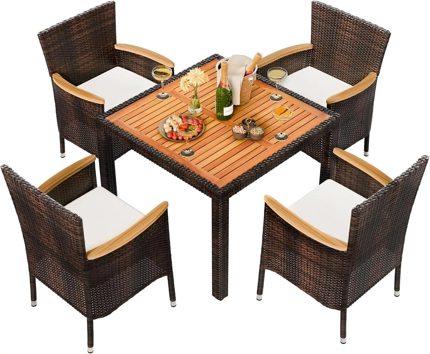 5 Piece Patio Dining Set Wicker Chairs And Wood Table