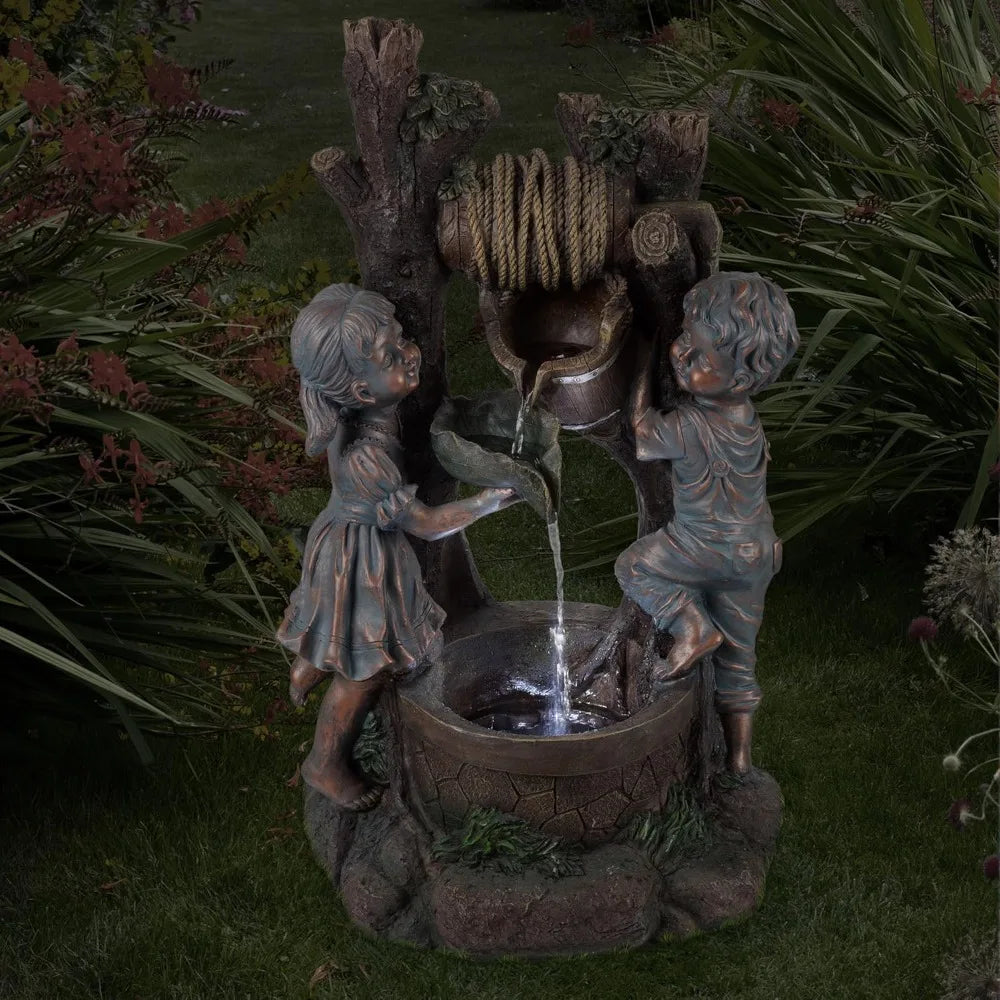 DAFIFY Outdoor Boy And Girl Fountain With Cascading LED Water Feature