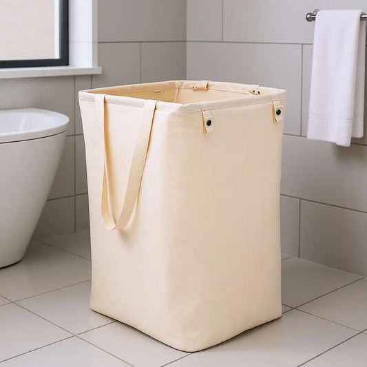 Collapsible Hamper – Laundry Basket for Dirty Clothes & Towels – Tall Standing Organic Cotton Bag with Long Handles – Ideal for