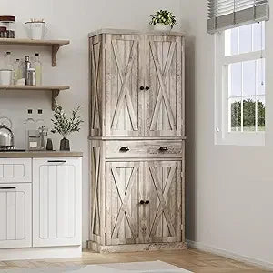 Farmhouse Kitchen Pantry Cabinet With Barn Doors And Adjustable Shelves
