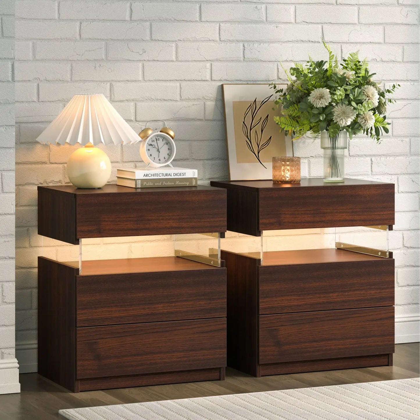Cubehom LED Bedside Tables Set With 3 Drawers Two Nightstands