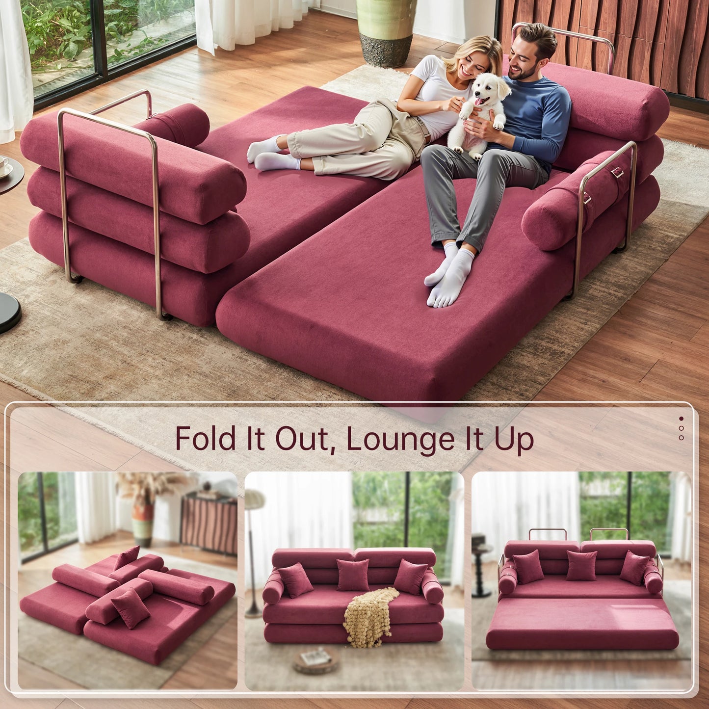 Convertible Sleeper Sofa Floor Folding Bed With Rounded Arm Supports
